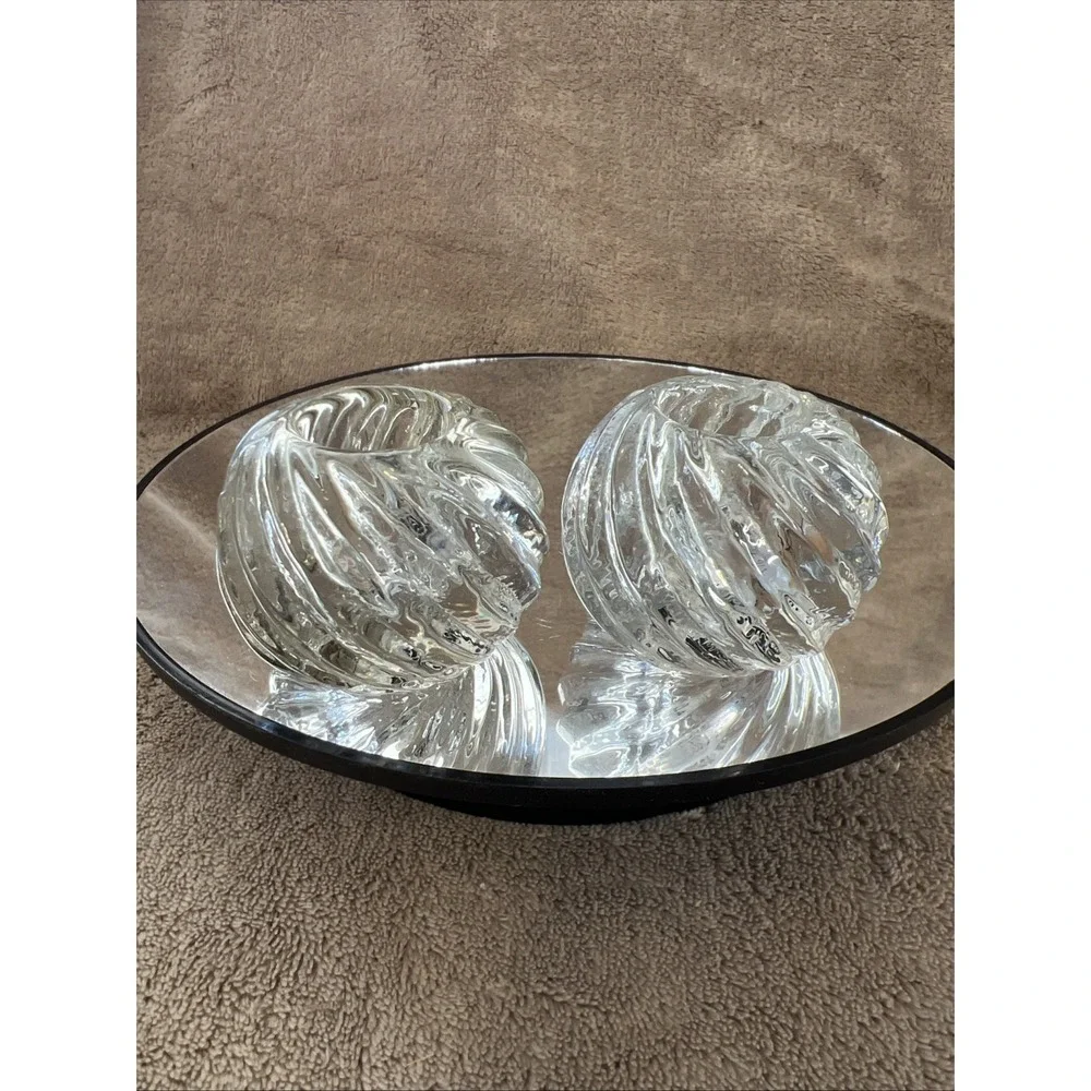 Set of 2 Pier 1 One Imports Hand Blown Clear‎ Swirl Glass Round Candle Holders
